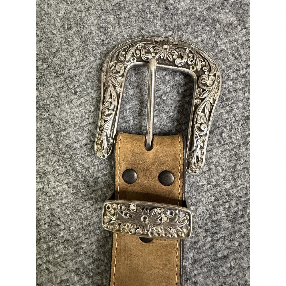 Nocona Brown Leather Floral Rhinestone Belt Women's Size Large